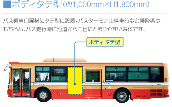 ■ボディタテ型（W1,000mm×H1,800mm）:バス乗車口扉横にタテ型に設置。バスターミナル停車時など乗降客は
もちろん、バス走行時に沿道からも目にとまりやすい媒体です。